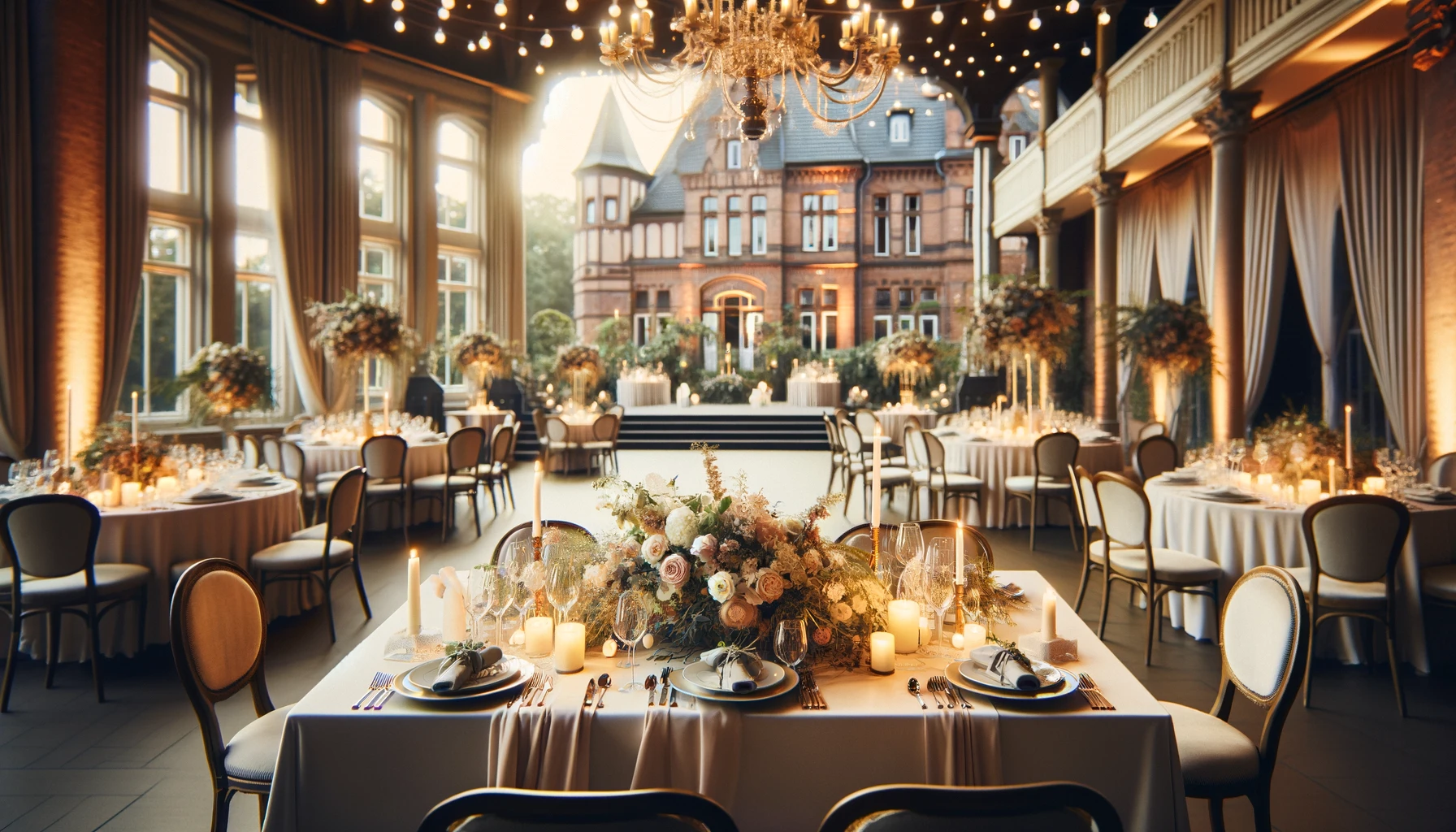 Elegant wedding table setup in a romantic venue in Dormagen, Germany, with floral decorations and ambient lighting, reflecting a serene and joyful wedding day atmosphere.